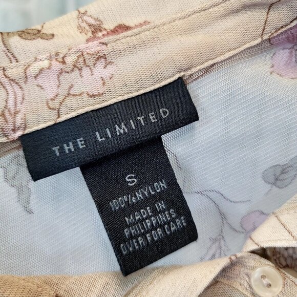 Vintage 90s Y2K The Limited Sheer Tan Pink Floral Ruffle Pintucked Button Front - Picture 8 of 9